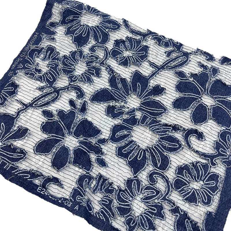 定制牛仔烂花面料蕾丝复牛仔布绣花布连衣裙衣服时装面料高定布