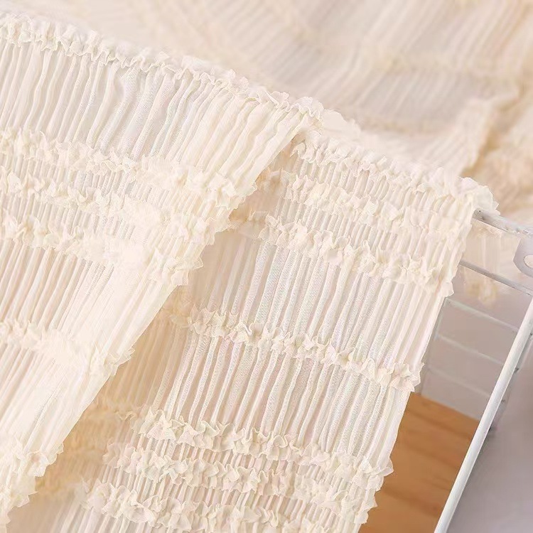 夏季新款雪纺条纹钩绣木耳边压皱面料弹力绳绣连衣裙时装服装布料