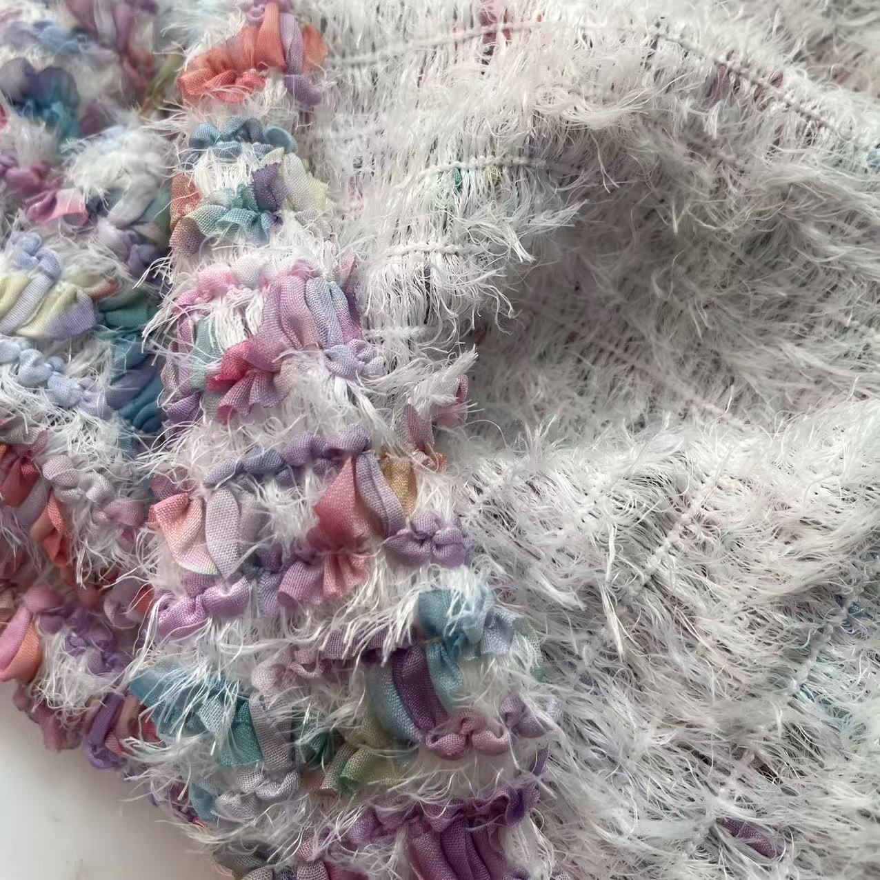 钩绣彩色小香风定制面料流苏连衣服晚礼服绣花毛线流苏连衣群布料