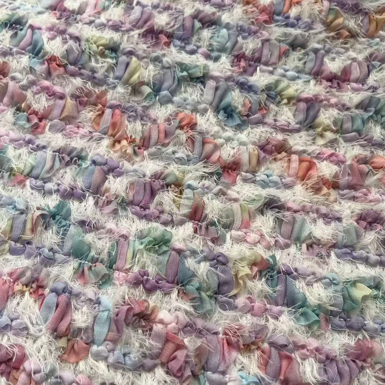 钩绣彩色小香风定制面料流苏连衣服晚礼服绣花毛线流苏连衣群布料