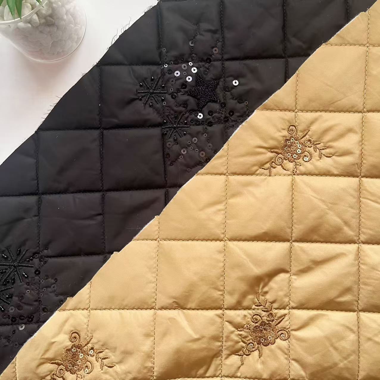 定制亮片刺绣面料立体花绗绣服装箱包衍缝布料新中式绗棉菱形格