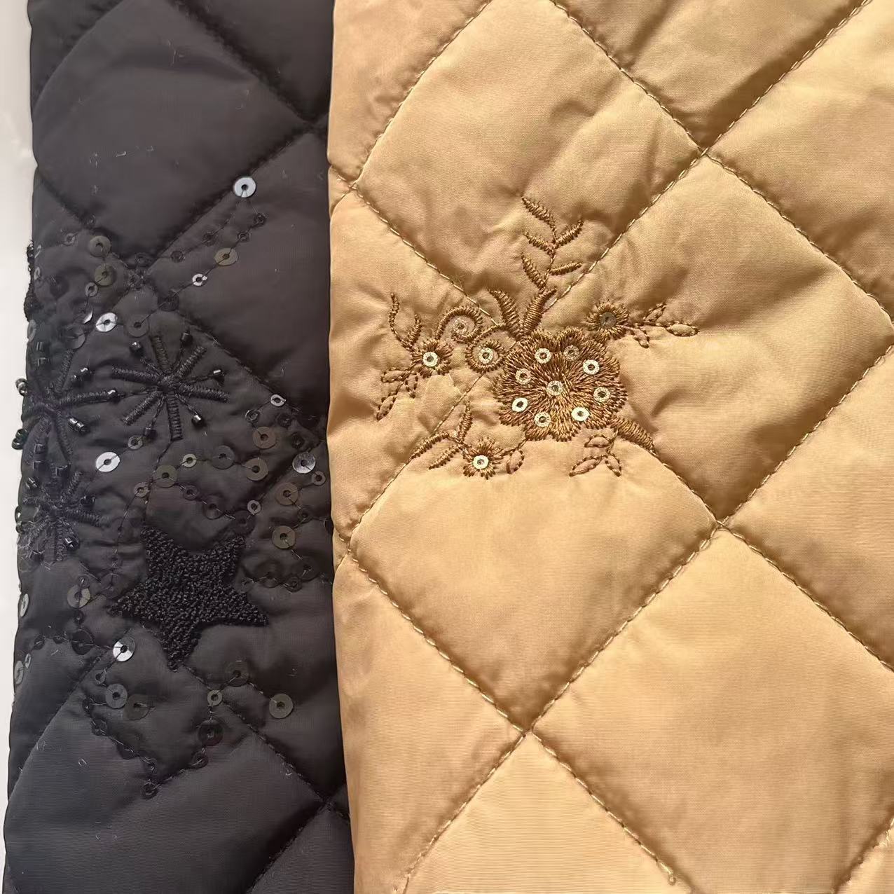 定制亮片刺绣面料立体花绗绣服装箱包衍缝布料新中式绗棉菱形格