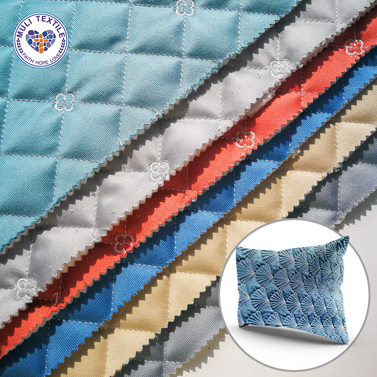 荷兰绒 菱形格花朵绗缝夹棉 防滑滴塑 榻榻米 绗绣沙发垫布料批发